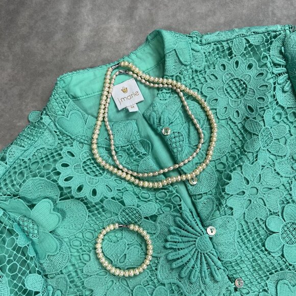 J. Marie Mint Green Floral Lace Dress With 3/4 Sleeves & Scalloped Edges - Picture 7 of 8